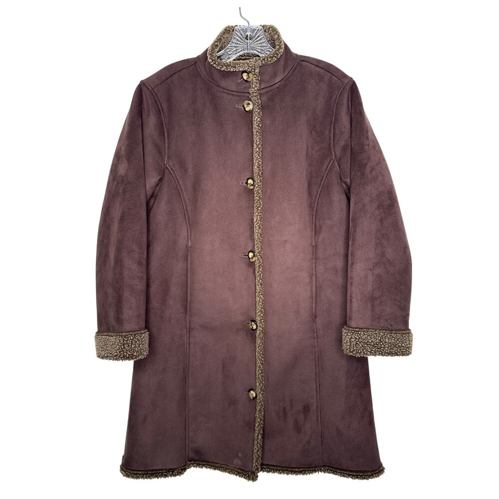 Vintage L.L. Bean Faux Shearling Suede Coat Brown Sherpa Lined XS Petite